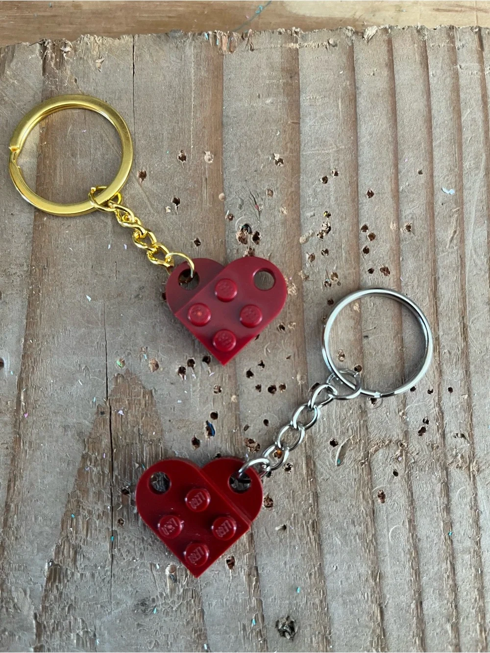 ONE Lego Burgundy Heart Keychain Handmade- gold or silver color